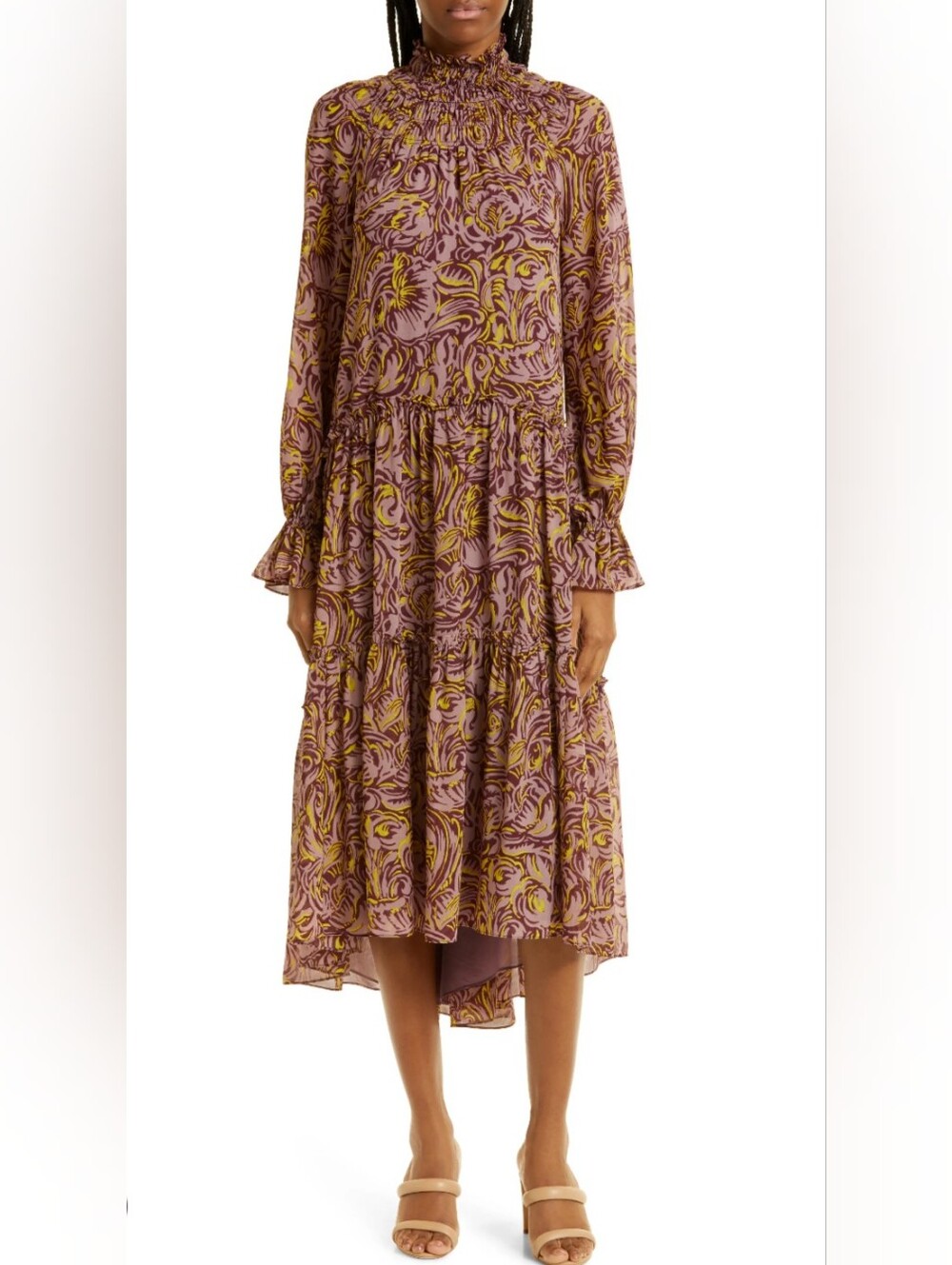 Cinq à Sept Amari Midi Dress Chiffon Lobg Sleeves Smocked Neck 6